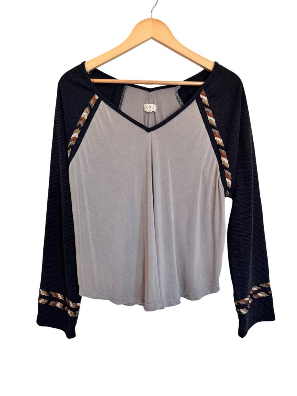 Pol Womens Small Long Sleeve Thermal Top Embroidered Details
